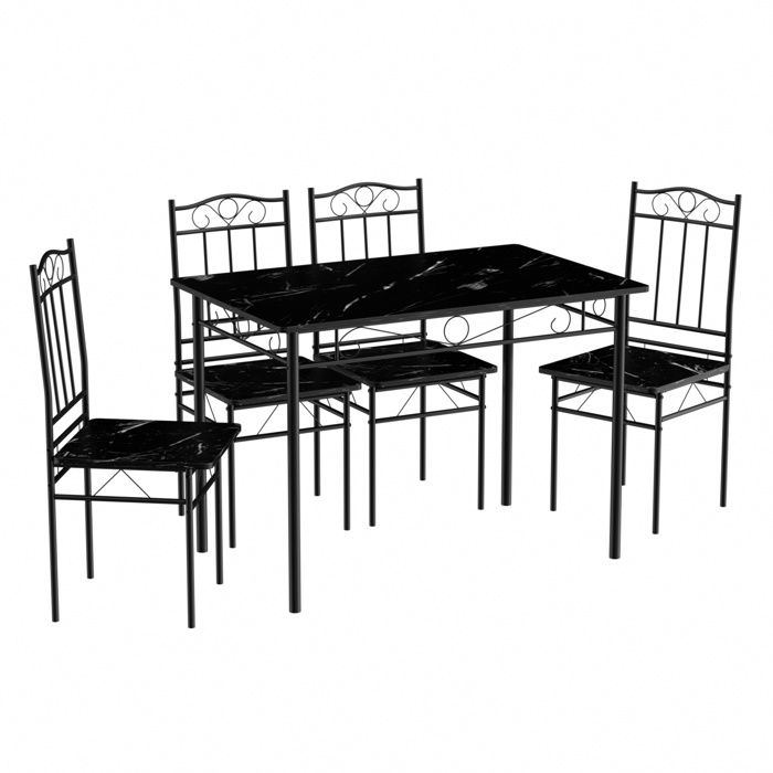 ensemble table à manger 109x 69x 75 cm et 4 chaises-marbre noir et support en métal noir-style industriel, salle à manger, salon